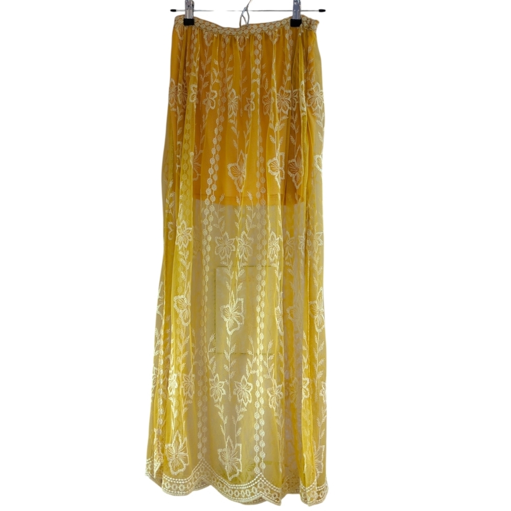 Honey Belle Embroidered Maxi Layer Slit Skirt, S, Lace Sheer Mesh, Floral, Lined